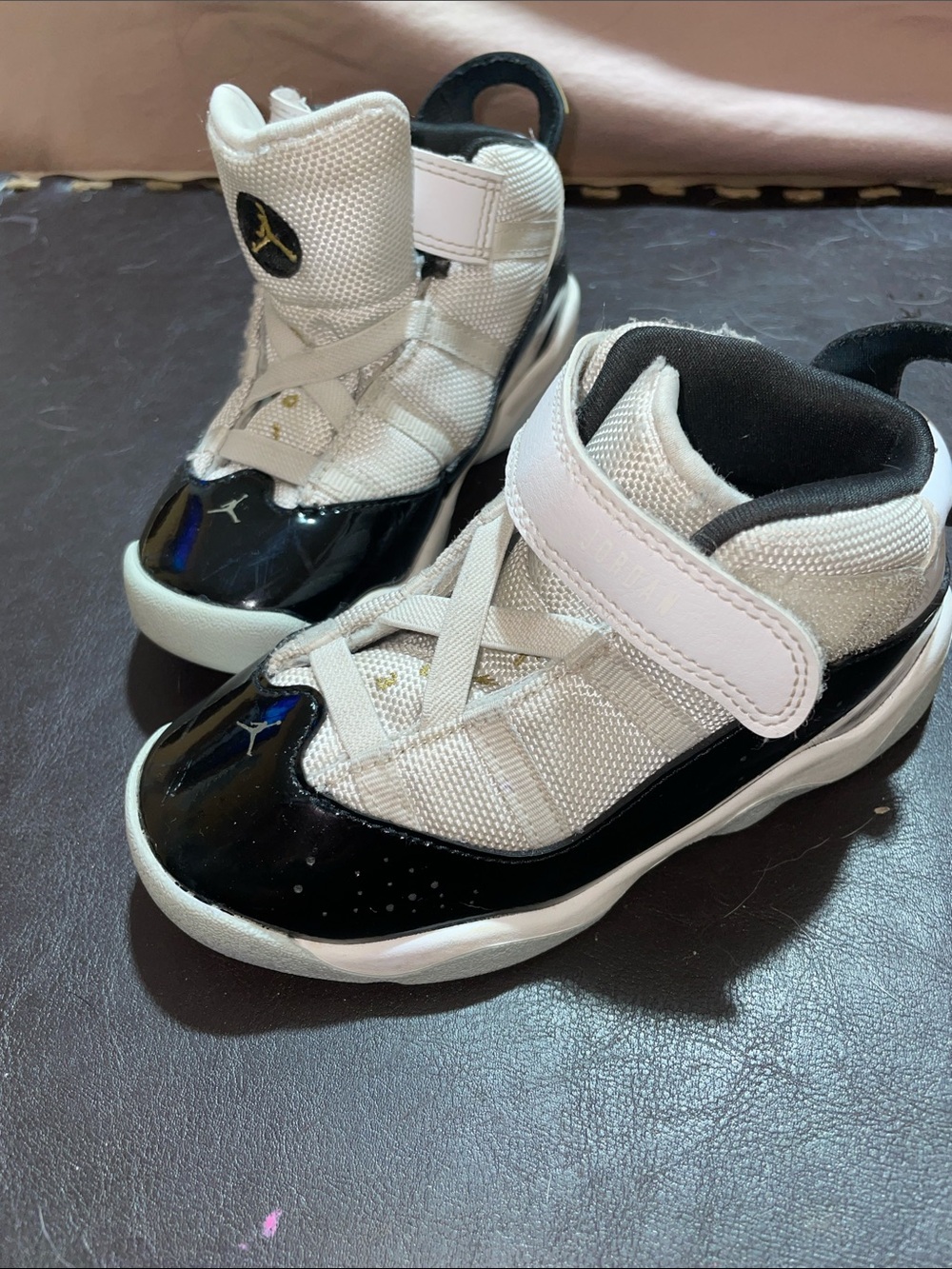 Jordan Kids' Black and White Mid-Top Sneakers with Patent Toe
